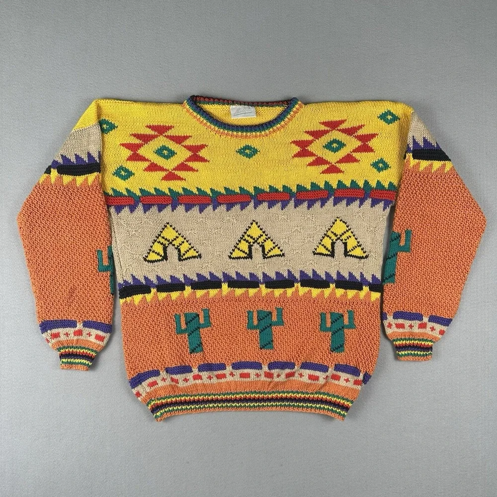 Vintage Alfonso Pozo Sweater Men's Large Southwestern Cactus Teepee Novelty